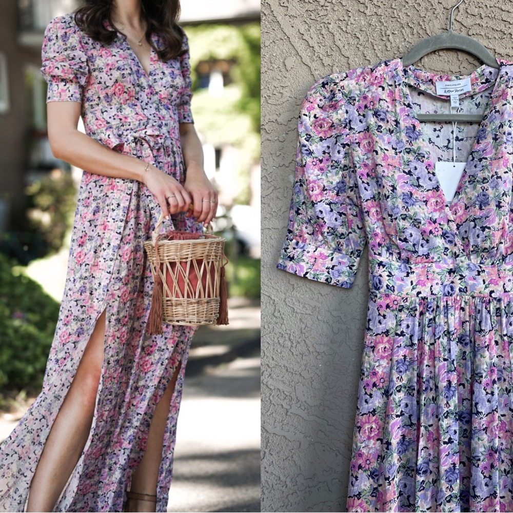 & OTHER STORIES Purple Pink & White Floral Printed Puff Sleeve V-Neck Maxi Dress